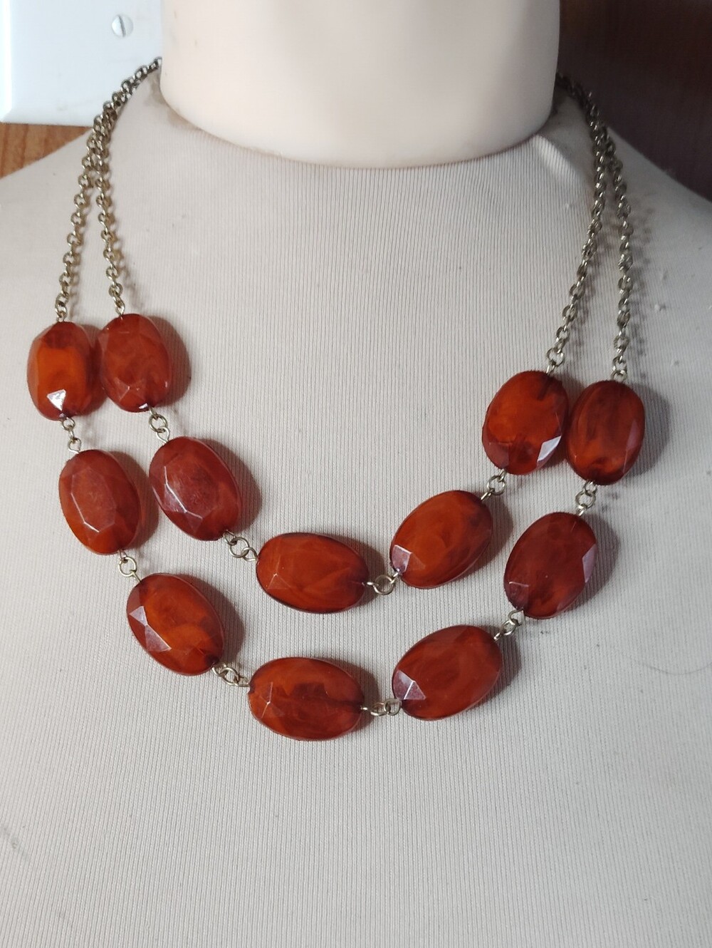 Marbled Amber Brown Tortoiseshell Beads Chunky Two Strand Necklace Golden Chain